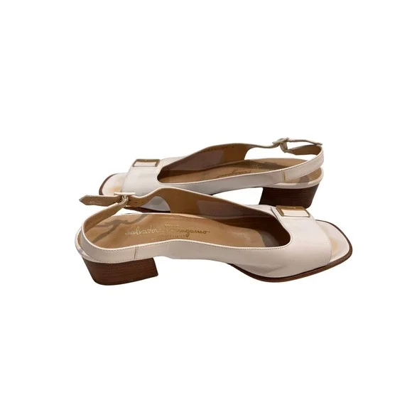 Salvatore Ferragamo White Leather Slingback Heels Gold Buckle Women's Size 9.5 B - Picture 7 of 15